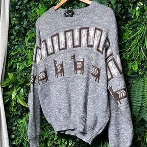 Vintage Gian Alberto Sweater‎ Mens Large Gray Llama Pattern Made in Italy 3342
